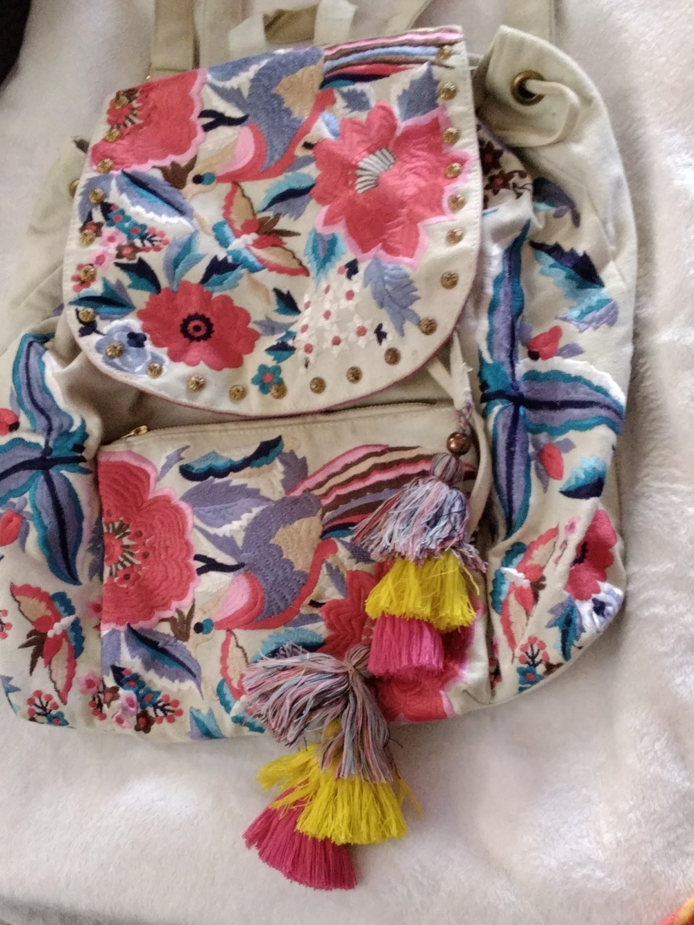 Steve Madden Cream Embroidered Floral Backpack with Pink & Yellow Tassels